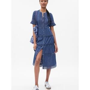 New Gap x LoveShackFancy Denim Tiered Midi Dress Blue Ruffle Button Sz M